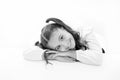 Schoolgirl cute ponytail hairstyle. Excellent pupil lean on desk isolated white. Perfect schoolgirl with tidy fancy hair