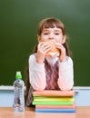 Schoolgirl eating fast food while having lunch
