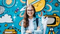 Schoolgirl with eyeglasses holding sketches against colorful mural