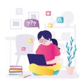 Schoolgirl has questions about e-lesson. Happy student learns remotely at home. Female character watches online course. Girl Royalty Free Stock Photo