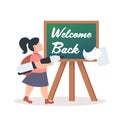 Schoolgirl holding pencil standing in front of chalk board with welcome back text coronavirus quarantine over