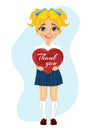 Schoolgirl holding red heart with thank you text message