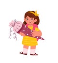 Schoolgirl holding sugar cone.Germany enrollment tradition.Vector illustration