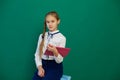 Schoolgirl with internet tablet in class at green board Royalty Free Stock Photo