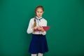 Schoolgirl with internet tablet in class at green board Royalty Free Stock Photo