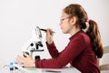 Schoolgirl with modern microscope Royalty Free Stock Photo