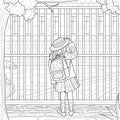 Schoolgirl near school.Coloring book antistress for children and adults.