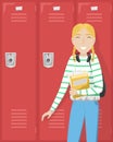 Schoolgirl with pigtails is holding books in her hand. Girl with headphones near school lockers