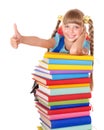 Schoolgirl with pile of books showing thumb up.