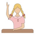 A schoolgirl in a pink blouse raises her hand to answer a question, the girl is sitting at the table Royalty Free Stock Photo