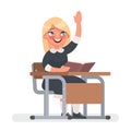 Schoolgirl raises her hand for an answer. Vector illustration in Royalty Free Stock Photo