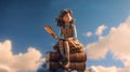Schoolgirl reads the book in the sky, flying in her dreams and fantasies. Learning concept with little girl in the world Royalty Free Stock Photo
