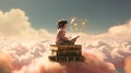 Schoolgirl reads the book in the sky, flying in her dreams and fantasies. Learning concept with little girl in the world Royalty Free Stock Photo