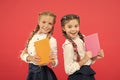 Schoolgirl show diary notepad. School supplies concept. School stationery. Buy cute stationery for fun studying. Girls