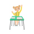 Schoolgirl Sitting Behind The Desk In School Class Raising Hand Wanting To Answer Illustration, Part Of Scholars