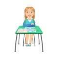 Schoolgirl Sitting Behind The Desk In School Geography Class Illustration, Part Of Scholars Studying Vector Collection.