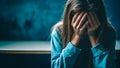 Schoolgirl at class and crying after bullying by classmates. Generative AI Royalty Free Stock Photo