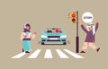 schoolgirl with smartphone and headphones crossing road on red traffic lights arabic driver stops car immediately road Royalty Free Stock Photo