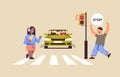 schoolgirl with smartphone and headphones crossing road on red traffic lights driver stops car immediately road safety Royalty Free Stock Photo