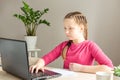 Schoolgirl studying at home using laptop. Home school, online education, home education, quarantine concept Royalty Free Stock Photo