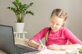 Schoolgirl studying at home using laptop. Home school, online education, home education, quarantine concept Royalty Free Stock Photo