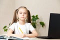 Schoolgirl studying homework during her online lesson at home, online education and online school concept, home schooler. Distance Royalty Free Stock Photo