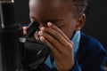 Schoolgirl using microscope against black background Royalty Free Stock Photo