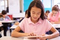 Schoolgirl using tablet computer in elementary school class