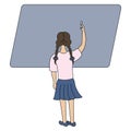 A schoolgirl writes on a blackboard with chalk, a brunette girl with pigtails view from the back