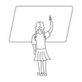 Schoolgirl writes on a blackboard with chalk, a girl with pigtails view from the back in a doodle style