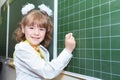 Schoolgirl writing by chalk on green blackboard Royalty Free Stock Photo