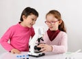 Schoolgirls with modern microscope Royalty Free Stock Photo