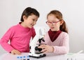 Schoolgirls with modern microscope
