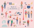 Schoolgirls, schoolboys with books, backpacks and school bags. Back to school vector banner. Happy and smiling te