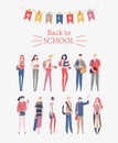 Schoolgirls, schoolboys with books, backpacks and school bags. Back to school vector flyer in flat style. Happy and smiling te