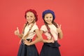 Schoolgirls wear formal uniform and beret hats. Elite school college. Education abroad. Apply form enter international