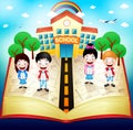 Schooling Children On Top Of Red Book With School Building And Rainbow