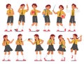 Schoolkid Character Different Poses and Expressions. Boys and Girls Rejoice, Show Thumb Up, Carry Books, Happy or Upset