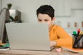 Schoolkid using laptop while doing schoolwork at home