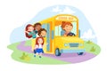 Schoolkids Characters Enter Yellow School Bus with Driver Girl inside. Kids with Backpack Waving Hands, Back to School Royalty Free Stock Photo