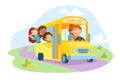 Schoolkids Sitting in Yellow School Bus with Driver Girl at Steering Wheel. Kids with Waving Hands from Schoolbus Window Royalty Free Stock Photo