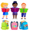 Schoolkids Stand and Read Books, Bags for School Royalty Free Stock Photo