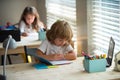 Schoolkids studying homework math during lesson at classroom, education concept, Cute schooler. Royalty Free Stock Photo