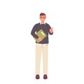 Schoolman character holding grade book with student academic progress vector illustration on white