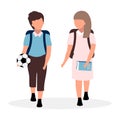 Schoolmates flat vector illustration. Schoolboy and schoolgirl with backpacks cartoon characters isolated on white background. Royalty Free Stock Photo