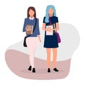 Schoolmates flat vector illustration. Teenage schoolgirls with books together cartoon characters on white background. Teen Royalty Free Stock Photo