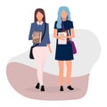 Schoolmates flat vector illustration. Teenage schoolgirls with books together cartoon characters on white background. Teen