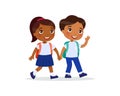 Schoolmates going to school flat vector illustration. Couple pupils in uniform holding hands isolated cartoon characters Royalty Free Stock Photo