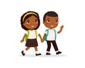 Schoolmates going to school flat vector illustration. Dark skin couple pupils in uniform holding hands isolated cartoon characters Royalty Free Stock Photo