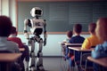 Schools of future. Smart self automated robot looking at the pupils while giving them a lesson